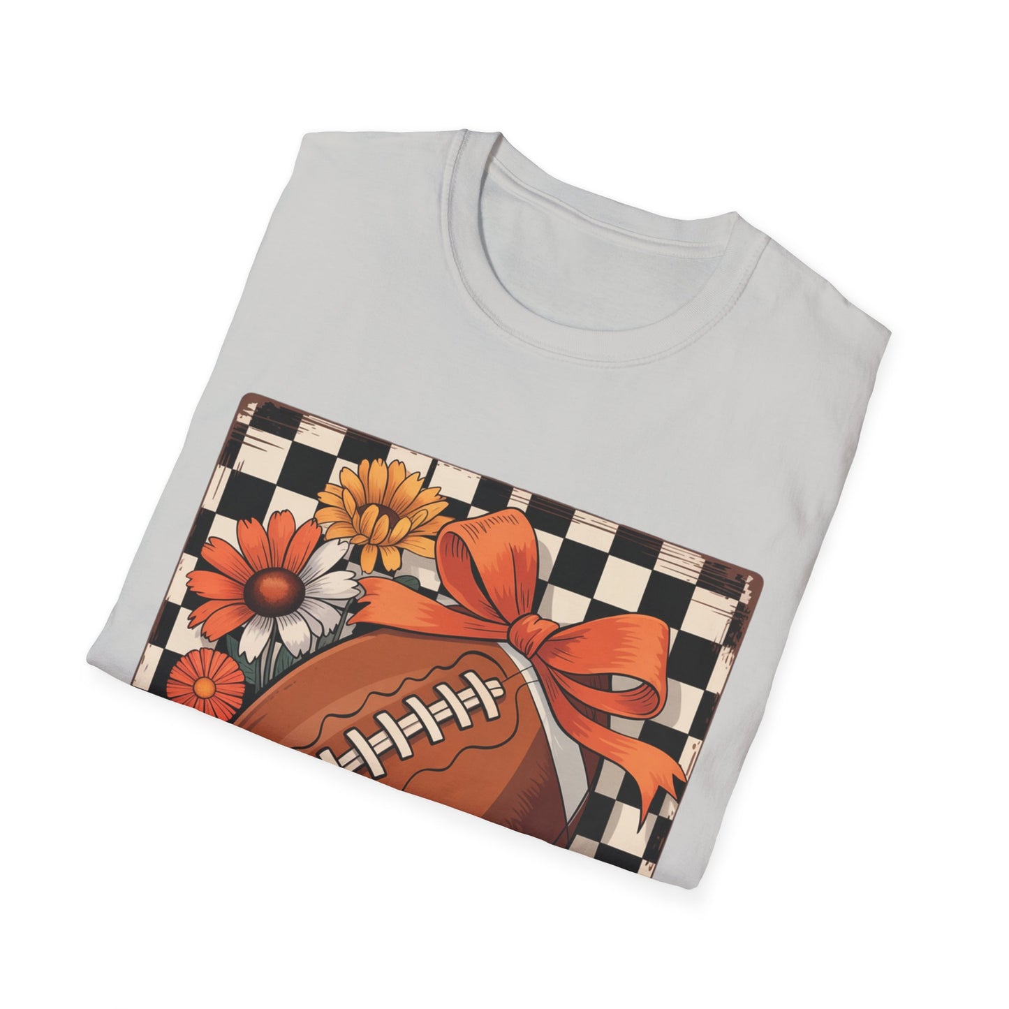 Football Autumn Unisex T-Shirt with Checkered Background and Fall Flowers