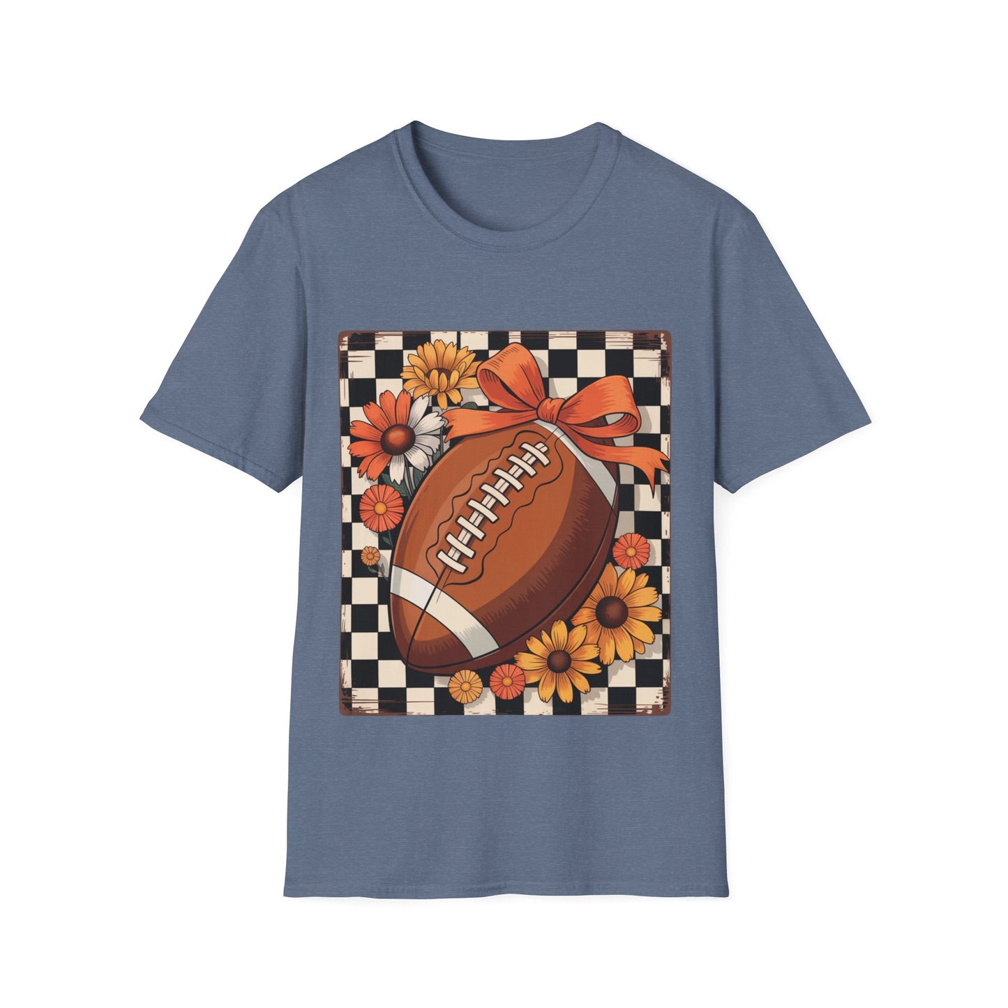 Football Autumn Unisex T-Shirt with Checkered Background and Fall Flowers