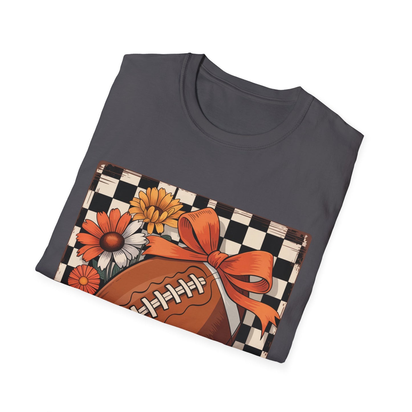 Football Autumn Unisex T-Shirt with Checkered Background and Fall Flowers