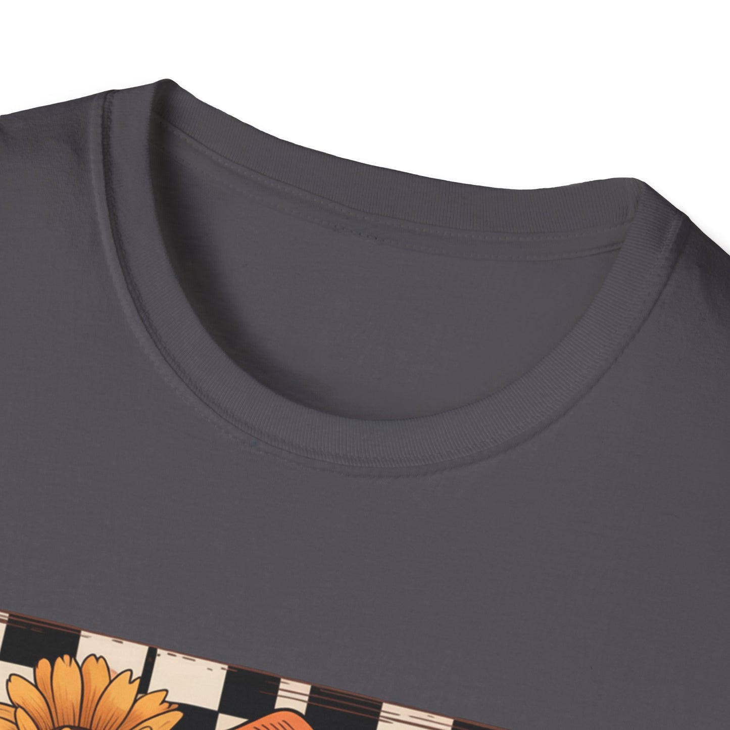 Football Autumn Unisex T-Shirt with Checkered Background and Fall Flowers
