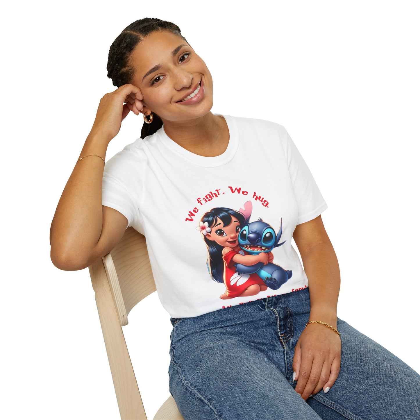 Unisex Tee - Lilo & Stitch 'We Fight, We Hug, We Snack, We're family'