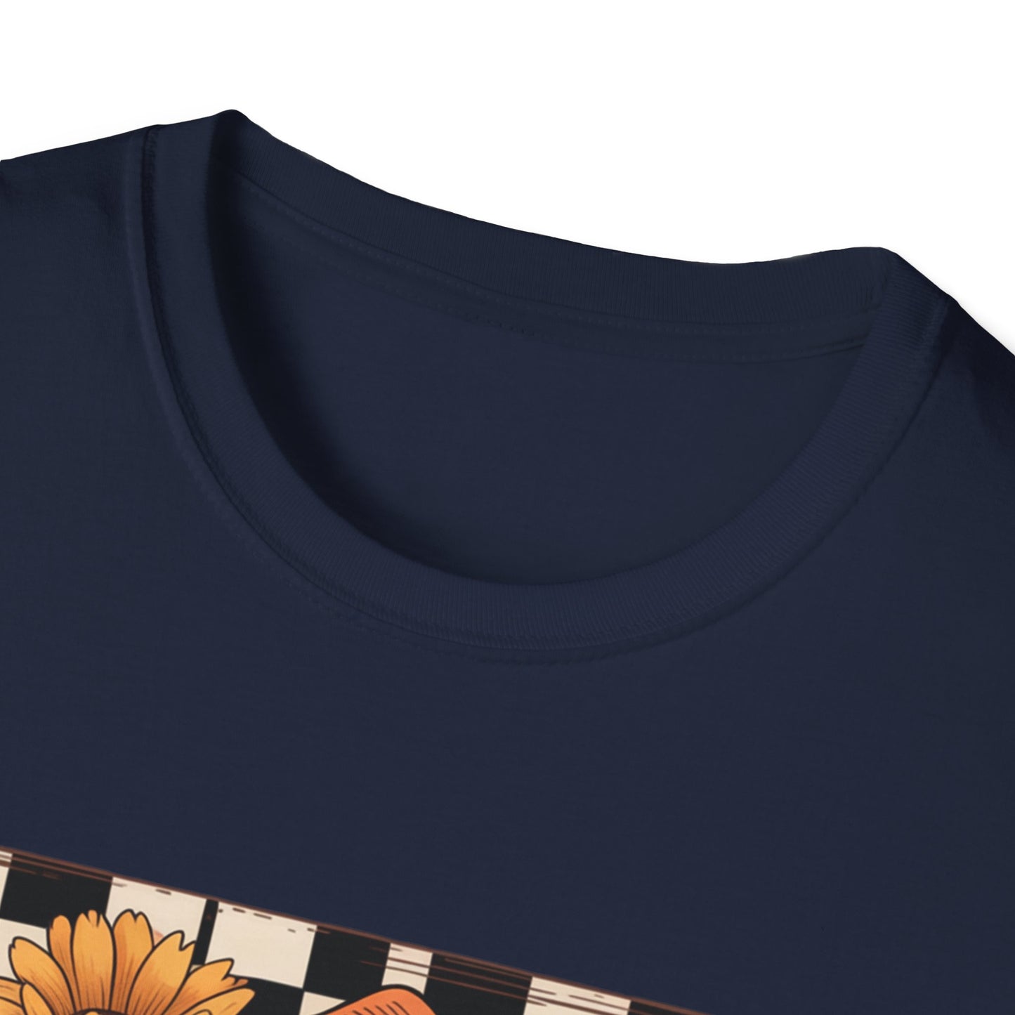 Football Autumn Unisex T-Shirt with Checkered Background and Fall Flowers