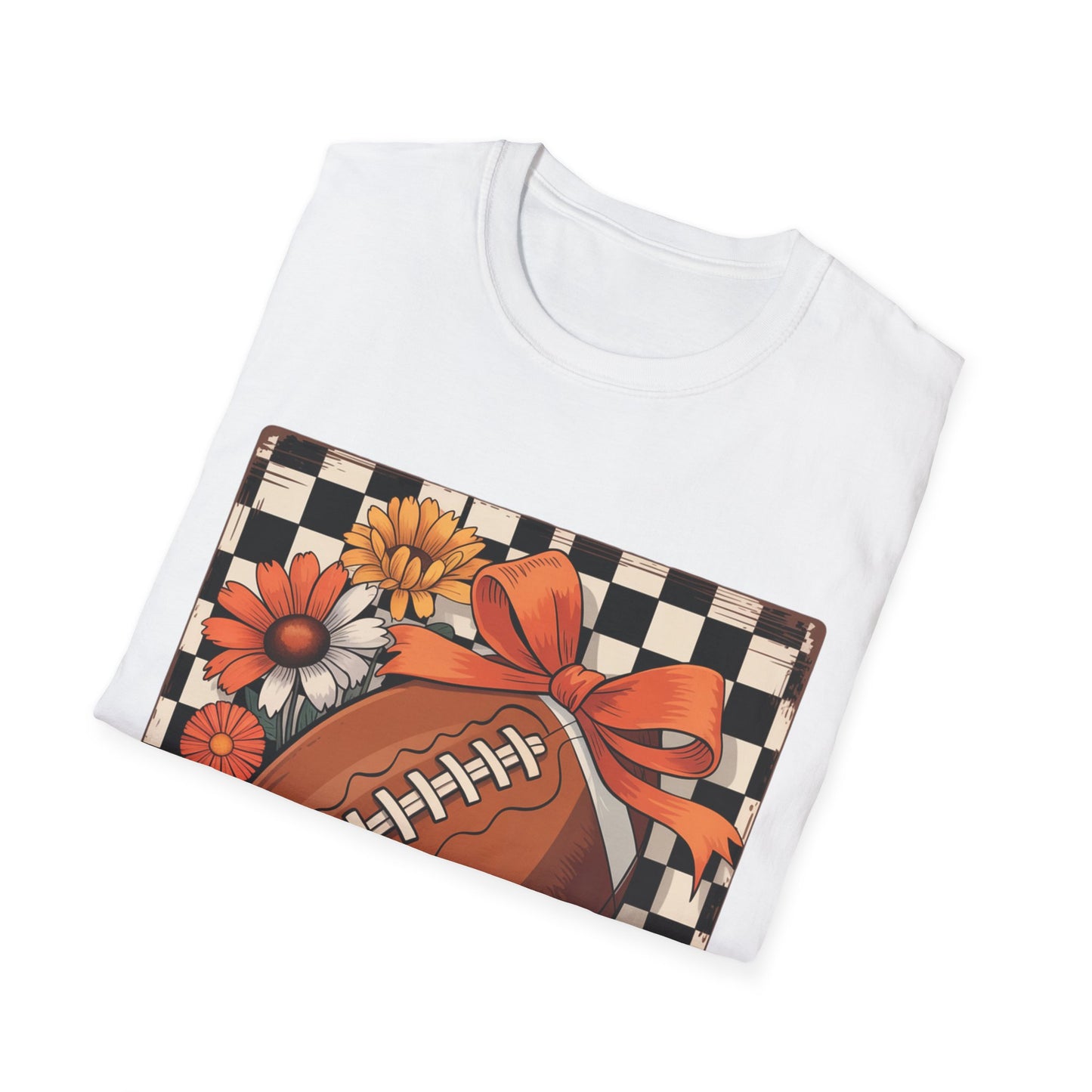 Football Autumn Unisex T-Shirt with Checkered Background and Fall Flowers