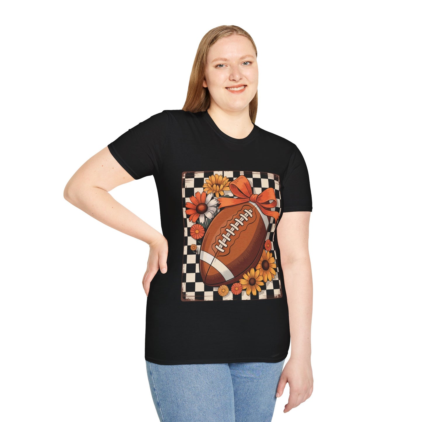 Football Autumn Unisex T-Shirt with Checkered Background and Fall Flowers