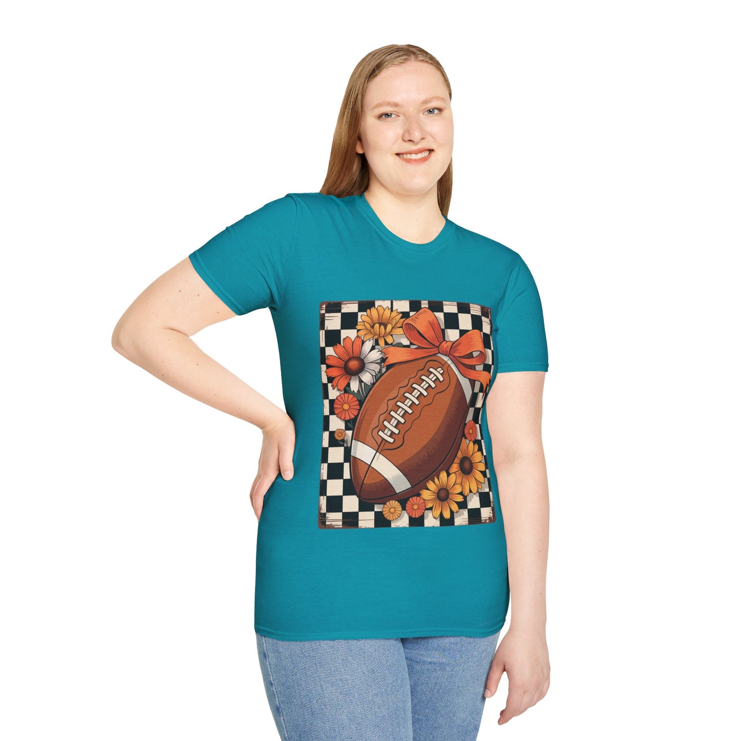 Football Autumn Unisex T-Shirt with Checkered Background and Fall Flowers