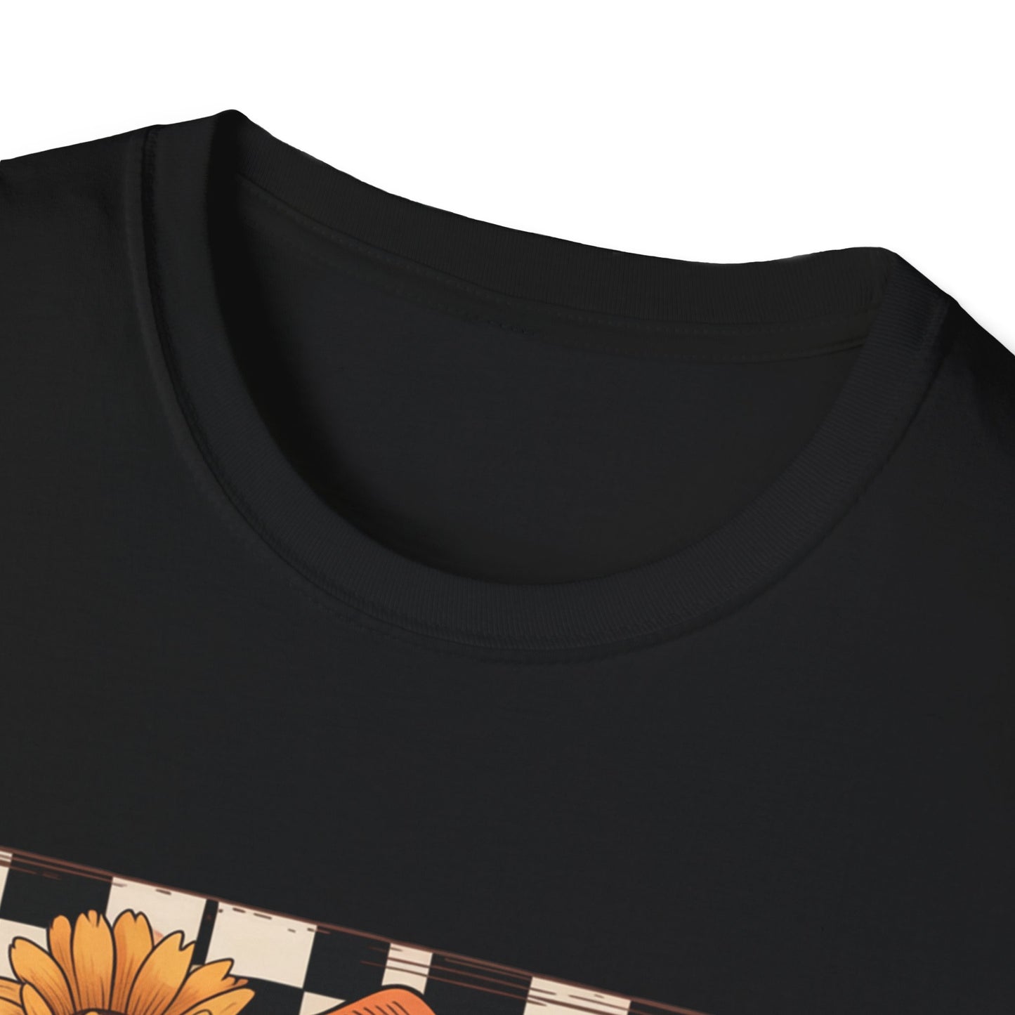 Football Autumn Unisex T-Shirt with Checkered Background and Fall Flowers