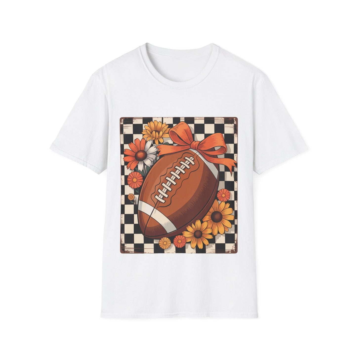Football Autumn Unisex T-Shirt with Checkered Background and Fall Flowers