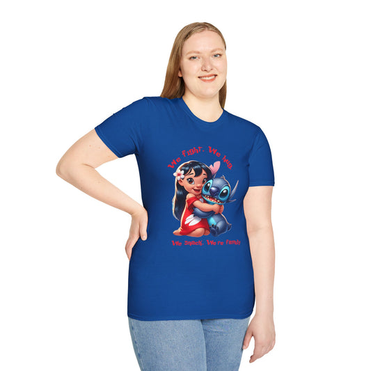 Unisex Tee - Lilo & Stitch 'We Fight, We Hug, We Snack, We're family'