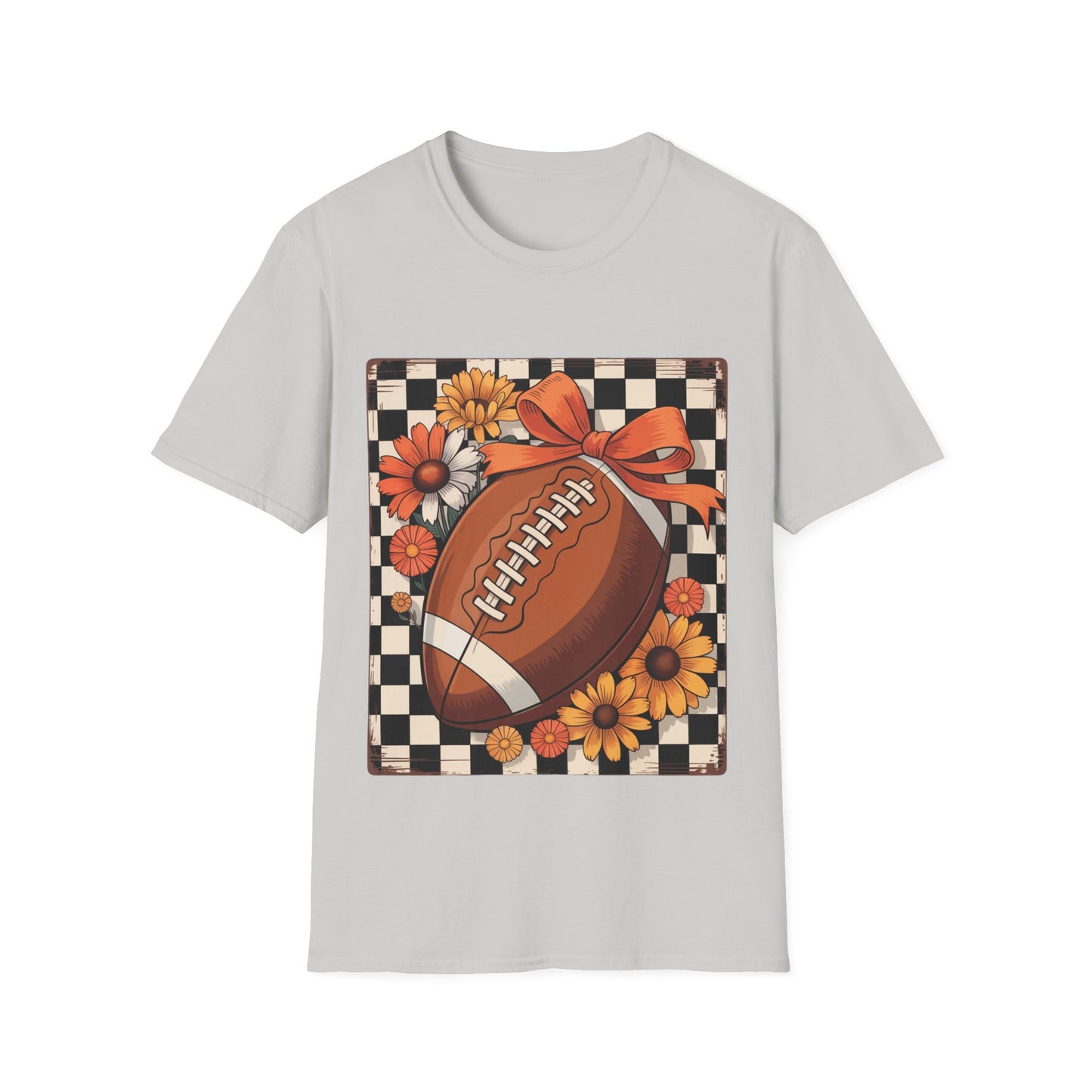 Football Autumn Unisex T-Shirt with Checkered Background and Fall Flowers