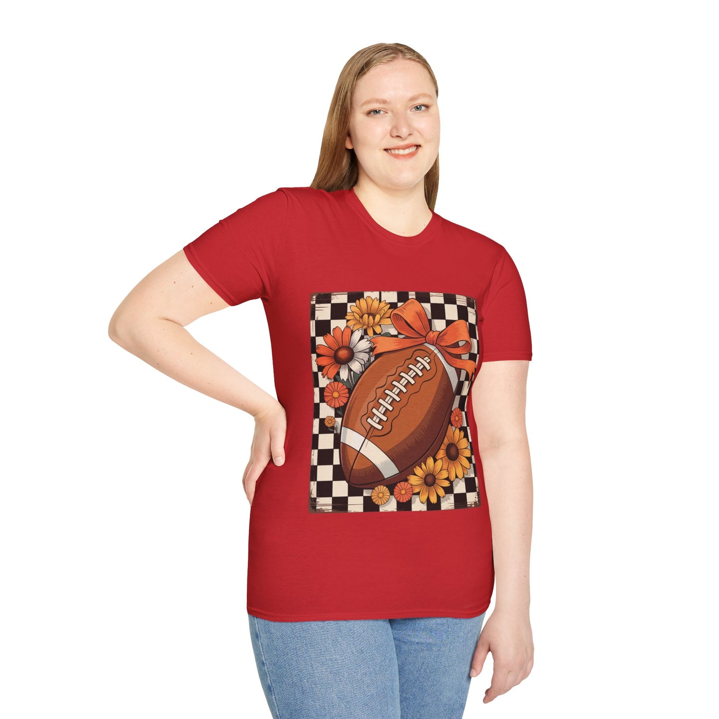 Football Autumn Unisex T-Shirt with Checkered Background and Fall Flowers